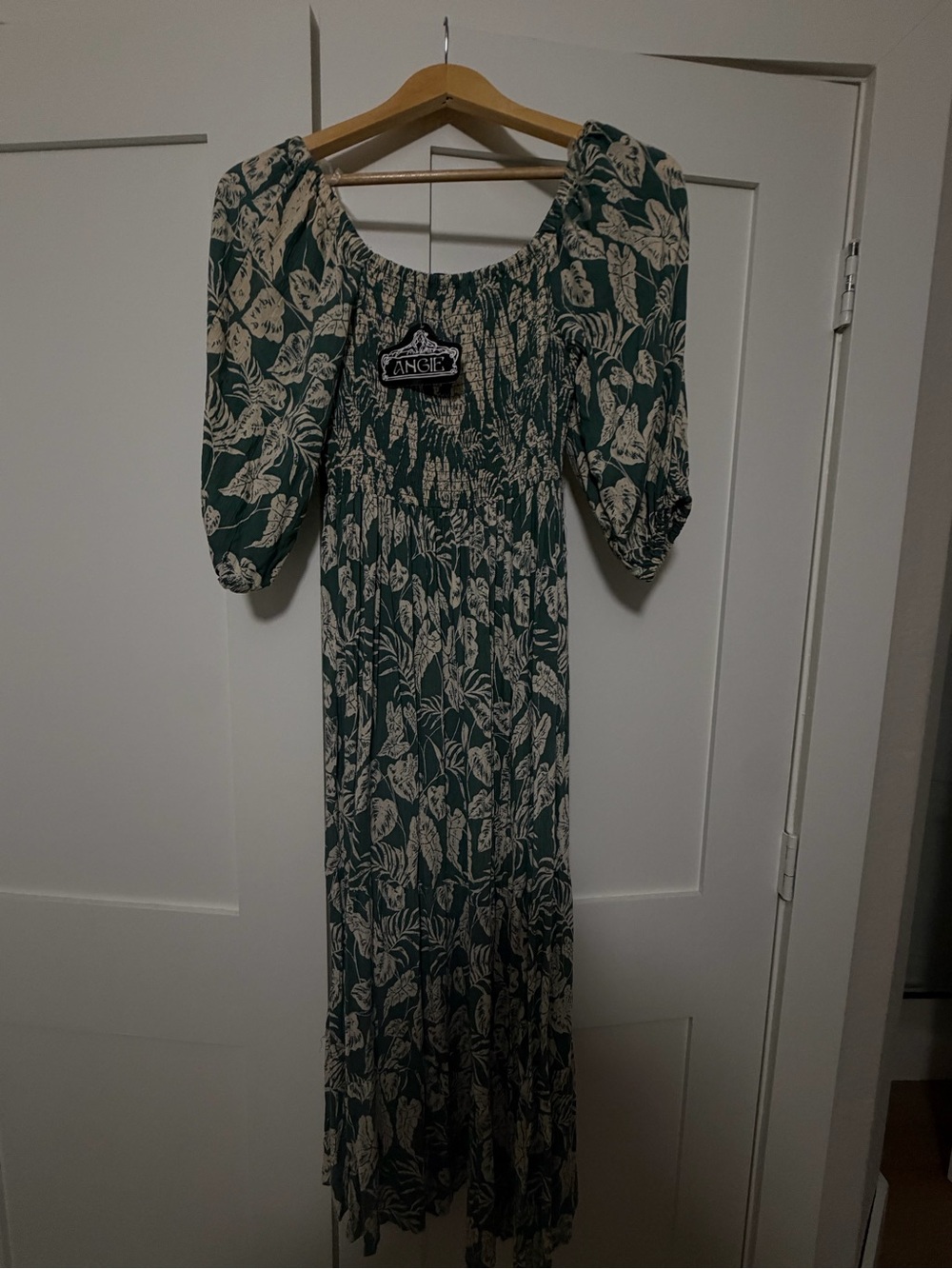 Angie Teal Green Botanical Puff-Sleeve Maxi Dress